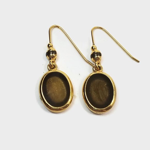 Cute Brown Enamel Gold Tone Oval Dangle Earrings - Picture 1 of 5